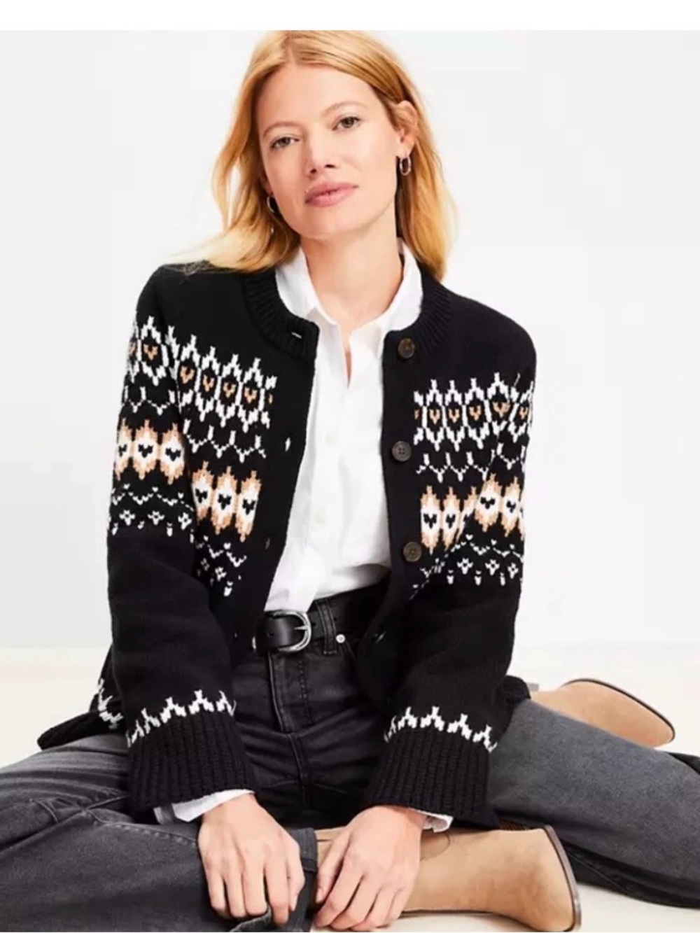 LOFT Fair Isle Patch Pocket Cardigan Navy/Black Multi Size Small NWT